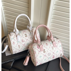 Sweet Cartoon Bear Print Boston Bag Quilted Cylinder Handbag With Shoulder Strap Kawaii Casual Versatile Crossbody Bag