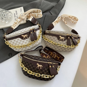 Women Crossbody Chest Bag PU Leather Vintage Monogram Wide Strap Gold Metal Chain Horse Logo Versatile Fashion