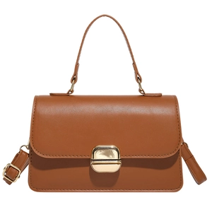 Minimalist caramel brown PU leather handbag with gold metal clasp and top handle