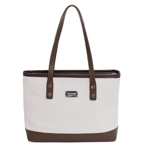 Borsa tote in tela minimalista con finiture in pelle marrone e placca in metallo chic