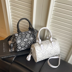 Women Boston Bag Geometric Embroidery Jacquard Cylindrical Handbag Top Handle Detachable Strap Retro Elegant Daily Carry