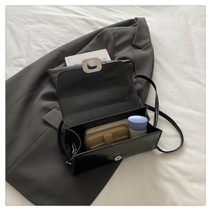 Detail of the interior capacity and silver clasp of a black rectangle handbag