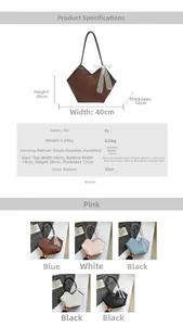 Tableau des dimensions et options multicolores du sac cabas minimaliste avec nœud en dentelle