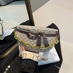 French retro monogram half-moon crossbody bag with gold chain and wide strap