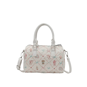 White cartoon Boston bag with colorful bear prints and detachable shoulder strap