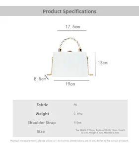 Detailed size chart for the white wavy PU leather handbag with dimensions and weight info