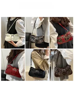 Collage of chic baguette shoulder bags in leopard print and solid colors with metal buckles