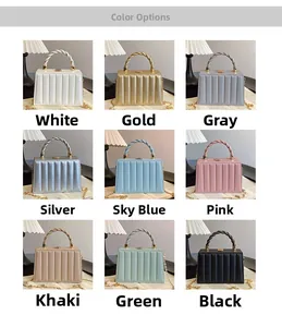 Nine color options of pleated wave pattern mini handbags with spiral handles and chains