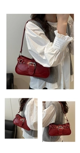 Three-way split view of deep red faux leather hobo bag styled on a model for commute