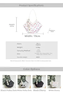 Size chart showing 40cm wide tote bag dimensions, PU fabric specs, and cherry print options