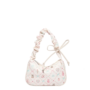 Cute white printed hobo bag with pleated strap and rabbit bear patterns for women