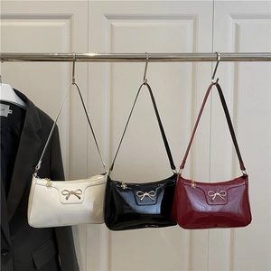 Bow Knot Patent Leather Underarm Bag Shiny PU Shoulder Baguette Bag Vintage Commute Solid Color Handbag For Women
