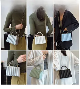 Collage of quilted handbags in various colors featuring twisted handles and metal chains
