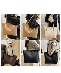 Detailed grid view of woven tote bags in beige, coffee, brown, and black colors