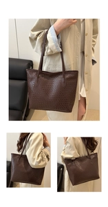 Close-up of deep brown woven tote bag featuring high-quality leather texture and large capacity
