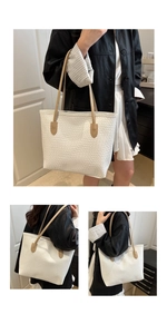 Detail of woven texture on a white tote bag with beige straps for women fashion