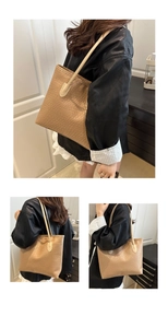 Detail of khaki woven tote bag showing large capacity and fine texture for women