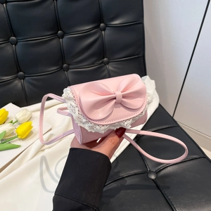 Pink lace bow crossbody bag for girls with sweet ballet style and floral decoration