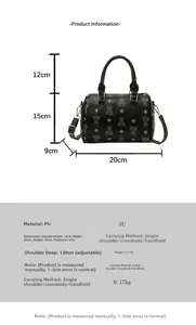 Detailed size chart for the PU leather pillow bag with height width and depth metrics