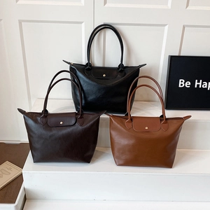 Large Capacity PU Leather Tote Bag For Women Solid Color Commuter Shoulder Handbag With Flap Snap Zipper
