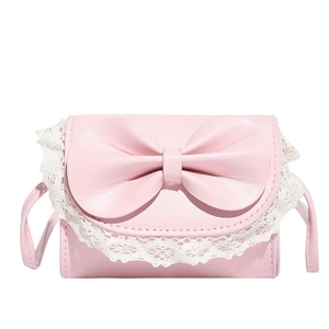 Sweet pink mini crossbody bag with a large bow and white lace trim for girls