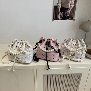 Women Artificial Pearl Handle Bucket Bag Drawstring Bow Print Synthetic Leather Small Crossbody Shoulder Purse Sweet Cute Trendy