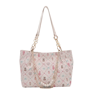 Sac fourre-tout crème chic avec imprimé ours, breloques perles et chaîne dorée