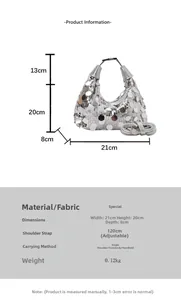 Detailed size chart for silver sequin handbag showing dimensions 21x20x8cm and weight