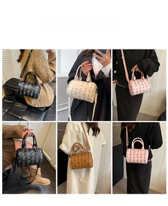 Mini Boston barrel bag details showing four colors and various carrying styles