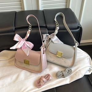 Women Shoulder Bag PU Leather Color Block Cat Bow Print Scarf Decor Square Metal Buckle Trendy Crossbody Purse