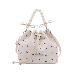 Sac seau blanc avec imprimés nœuds noirs, poignée en perles et cordon pour femmes
