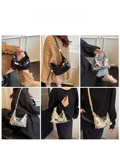 Detailed views of sequined underarm bags in black, silver, and gold showing multiple wear styles