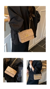 Three-way view of beige quilted chain bag showing side and back fit on a model