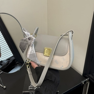 Chic two-tone shoulder bag in grey and beige with silk scarf and gold metal clasp