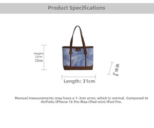 Detailed size chart for blue denim tote bag with 31cm length and 22cm height specs