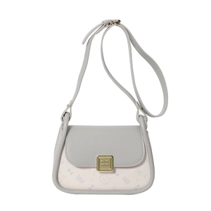 Chic pink shoulder bag with cat print and grey leather flap on white background