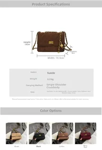 Detailed size chart and multi-color display of quilted suede crossbody chain bags