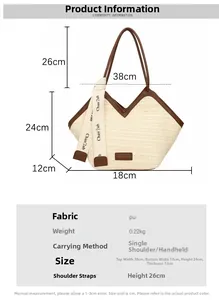 Detail view of woven tote bag showing beige texture with brown straps and silk ribbon scarf