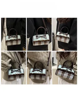 Polka dot and plaid crossbody bag shown in various fashion outfits on a model