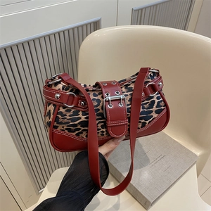 Retro large capacity leopard print shoulder bag with red trim and metallic buckles