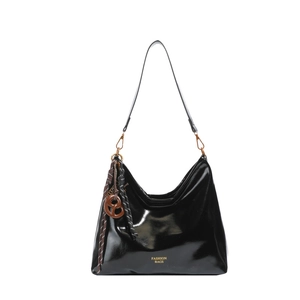 Glossy black hobo shoulder bag with adjustable strap and decorative charm on white background