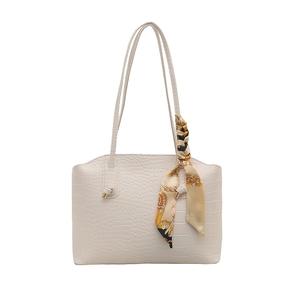 Elegant cream white faux crocodile leather handbag featuring a decorative silk scarf