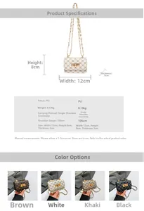 Detail showing mini chain bag sizes and four classic colors with retro metal buckles