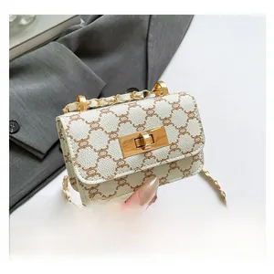 Detail shot of mini crossbody bag with vintage brown pattern and golden metal turn-lock