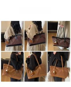 Collage of model wearing oversized leopard print tote bags with plush bear charms