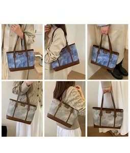 Collage showing denim and grey tote bags with fashion leather labels and brown handles