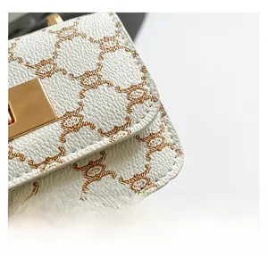 Detail of lychee textured crossbody bag with gold square lock and monogram pattern