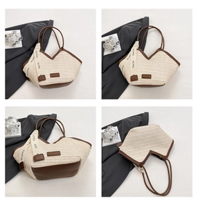 Detail view of straw tote bag with brown leather trim and fashion ribbon in four angles