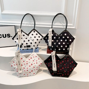 Fashion Women PU Leather Tote Bag Large Capacity Polka Dot Cherry Print Chic Commuting Shoulder Handbag V Opening Design
