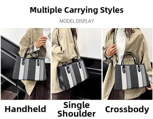Detailed view showing three carrying ways of the striped tote bag with adjustable strap